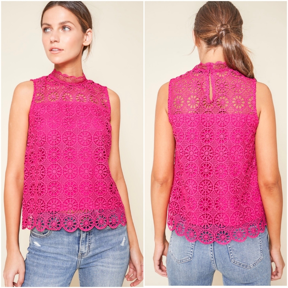 SUGAR + LIPS Boho Chic Hot Pink Crochet Sleeveless Top - Picture 6 of 7